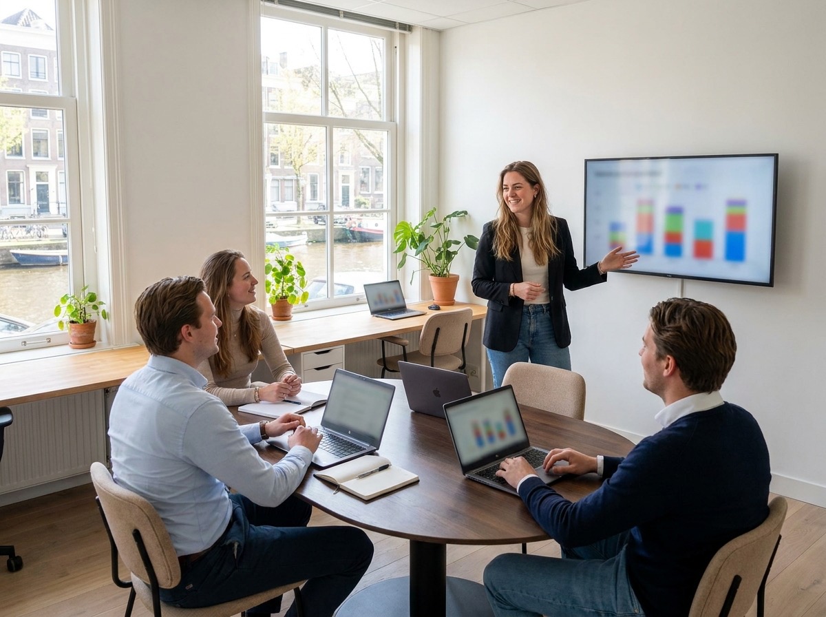 Marketingteam bespreekt campagneresultaten op een groot scherm